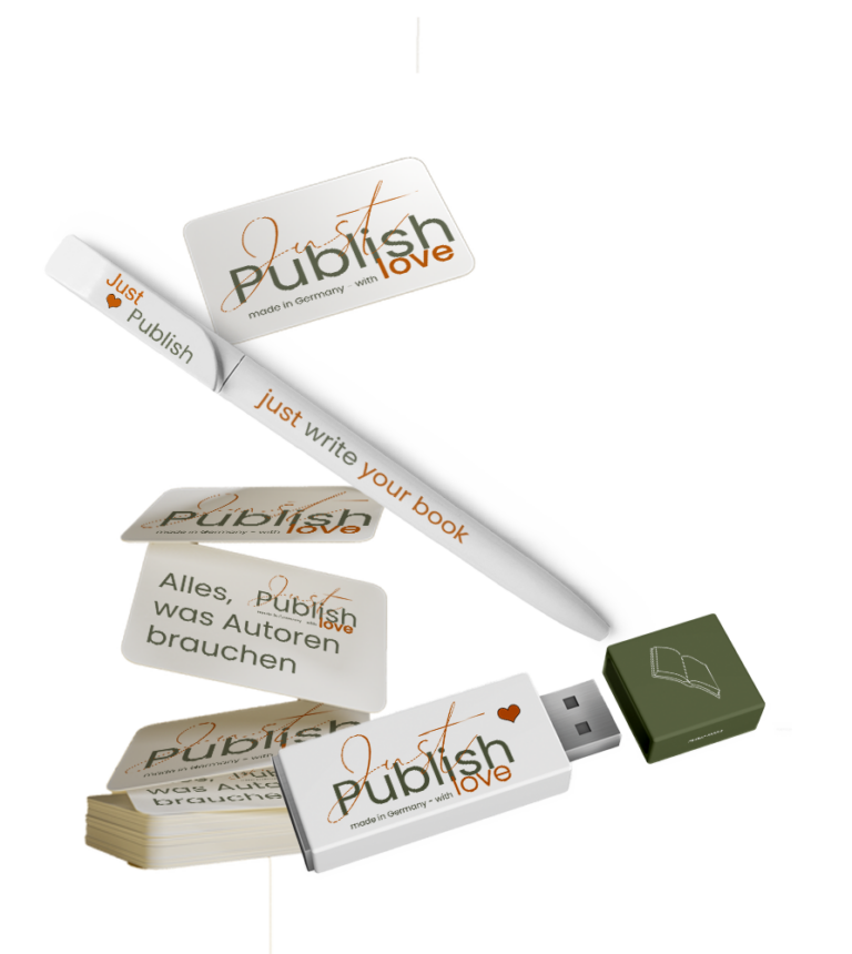 Werbung von Just Publish - Visitenkarten, Kugelschreiber, USB-Stick